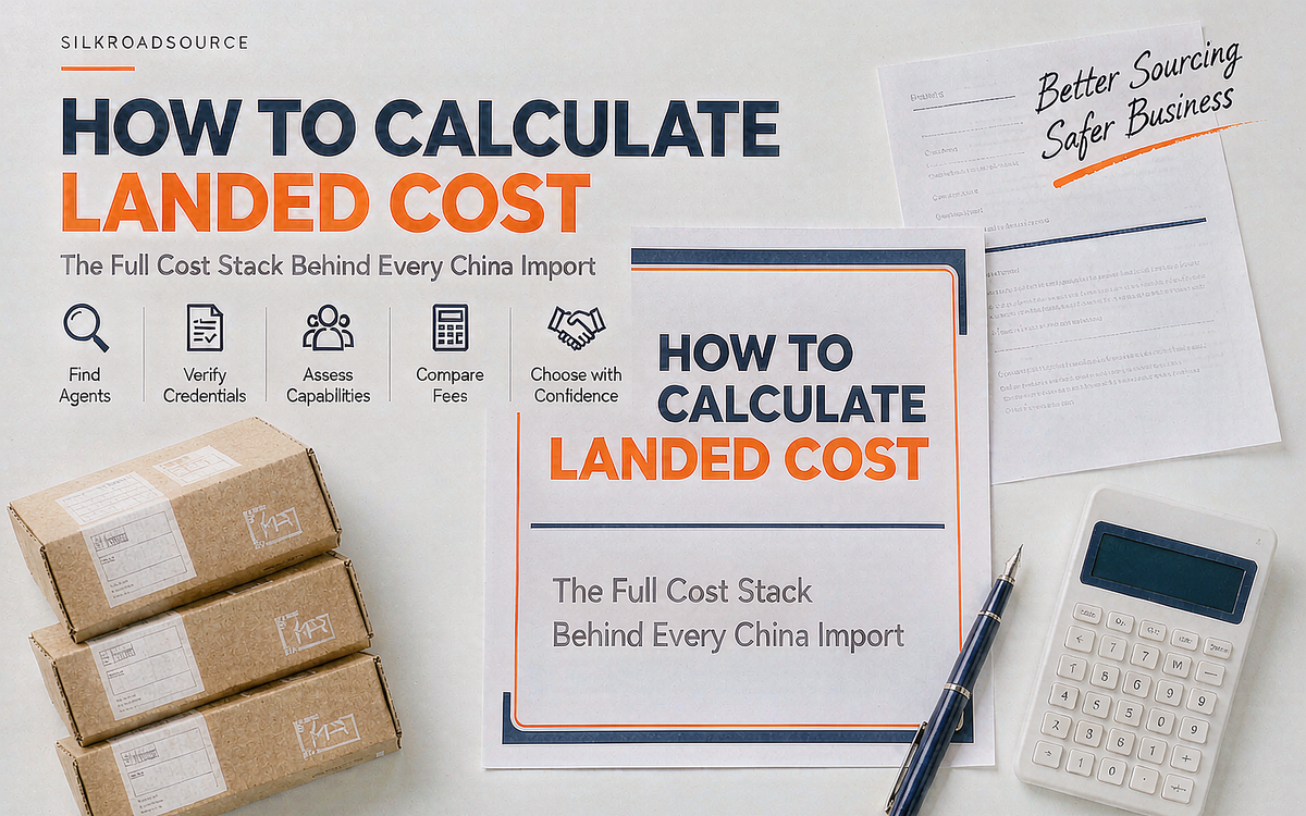 A document sheet, a calculator and a small stack of shipping cartons arranged on a white desk