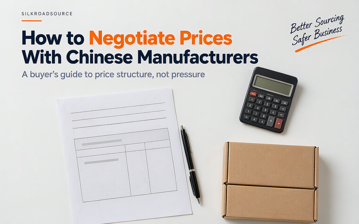 A quote sheet, a calculator and a small product sample on a white desk