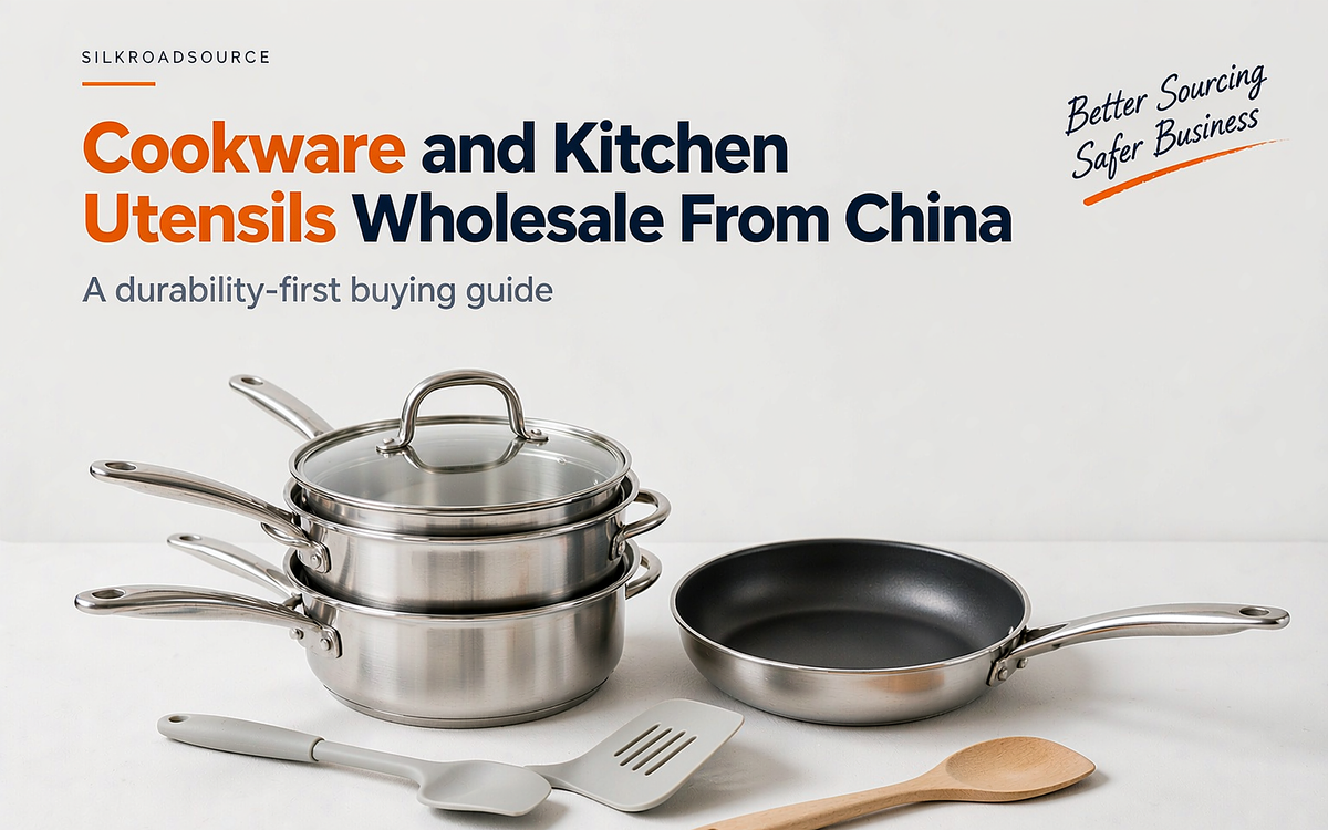 Cookware and kitchen utensils arranged on a white desk