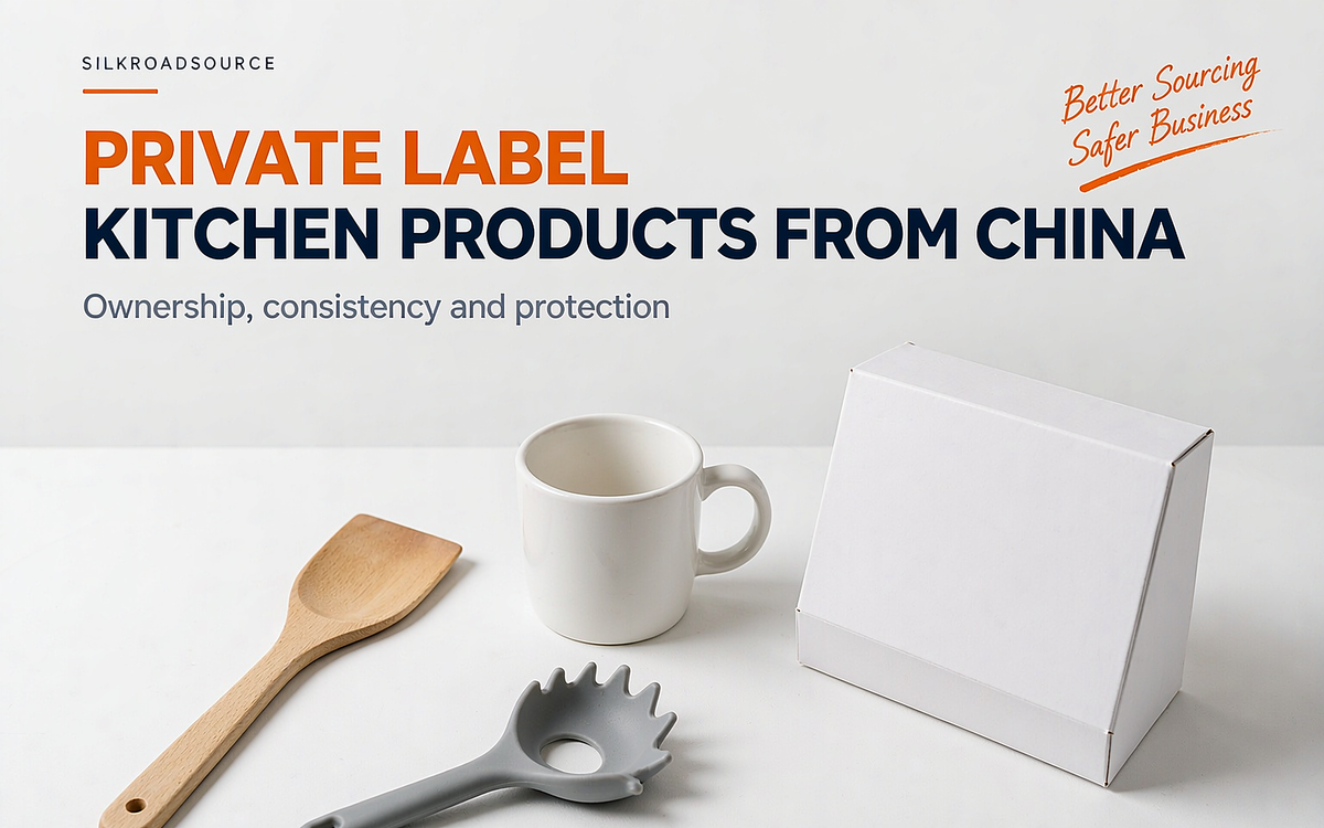 Branded kitchen utensils and a plain box on a white surface