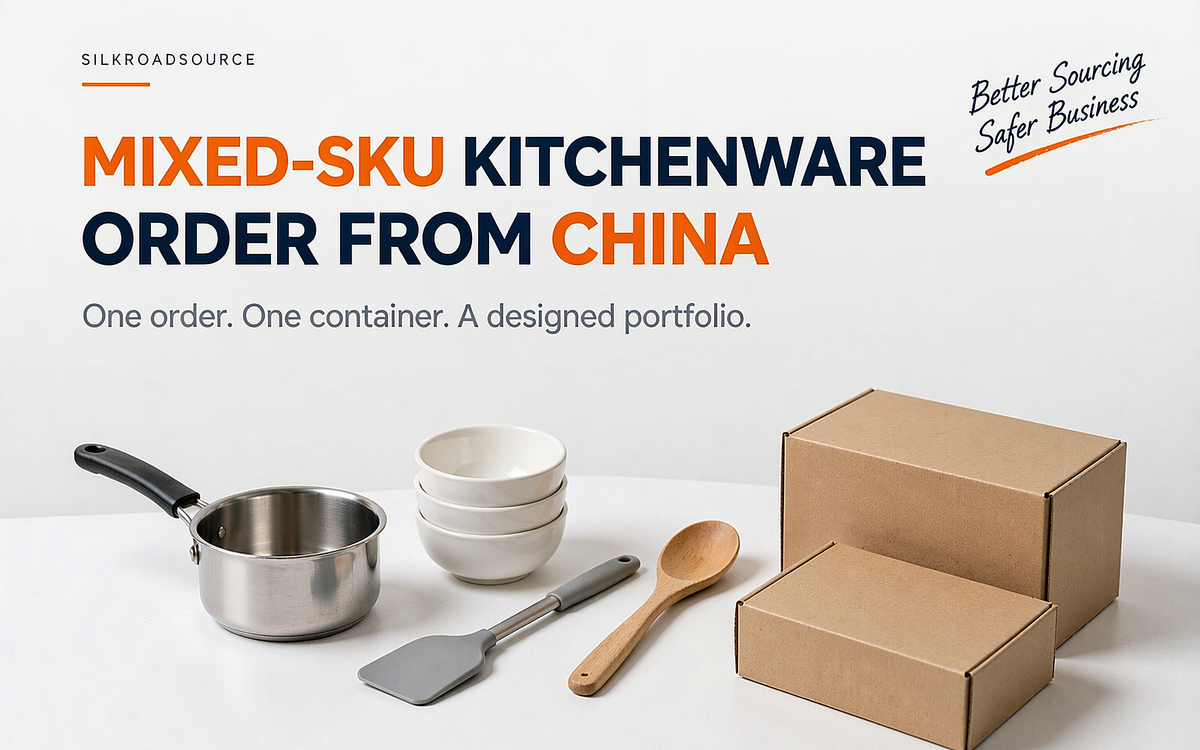 Branded kitchenware grouping on a white table, mixed assortment