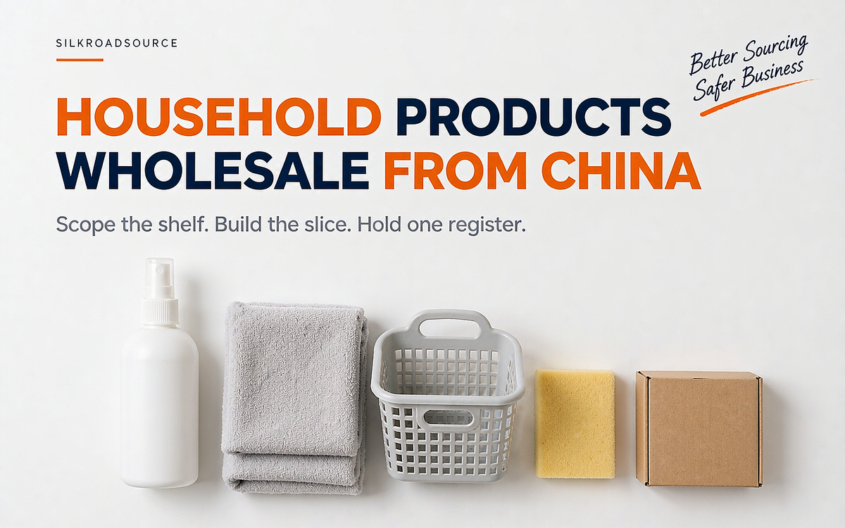 Household cleaning and storage goods on a white table, wholesale assortment