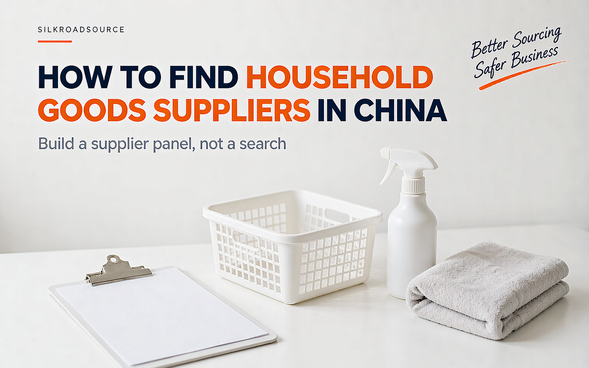 Household goods on a white table beside a supplier shortlist clipboard, wholesale sourcing