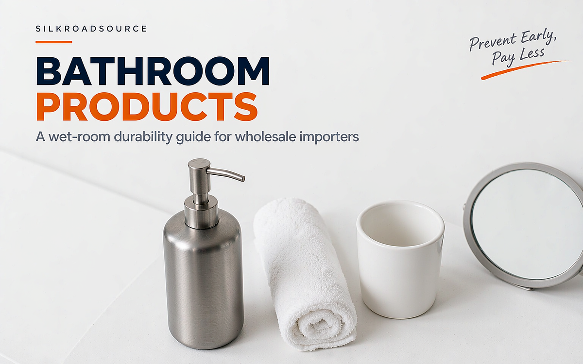 Matte metal bathroom accessories, a rolled towel and a small mirror on a white surface