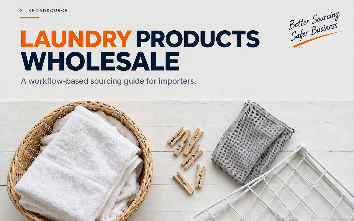 Folded laundry in a woven basket beside a small drying rack and wooden pegs on a white surface
