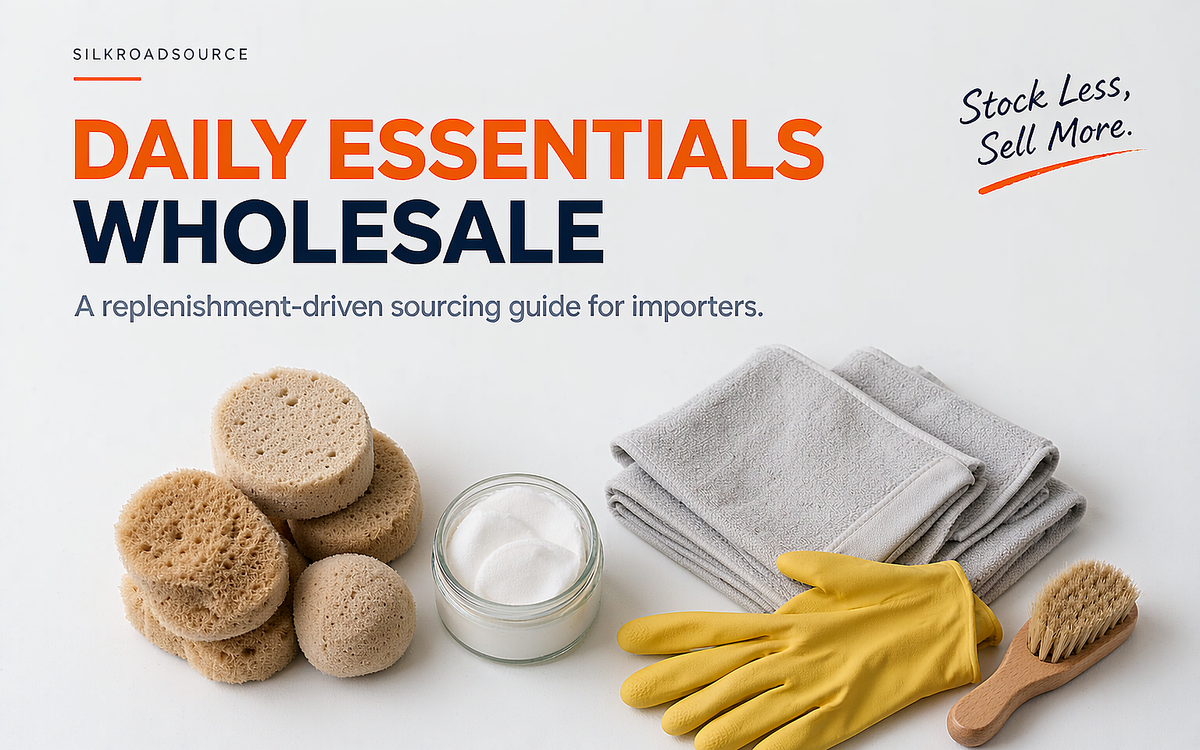 A flat-lay of household essentials: sponges, cotton pads, folded cloths, gloves and a small brush on a white surface