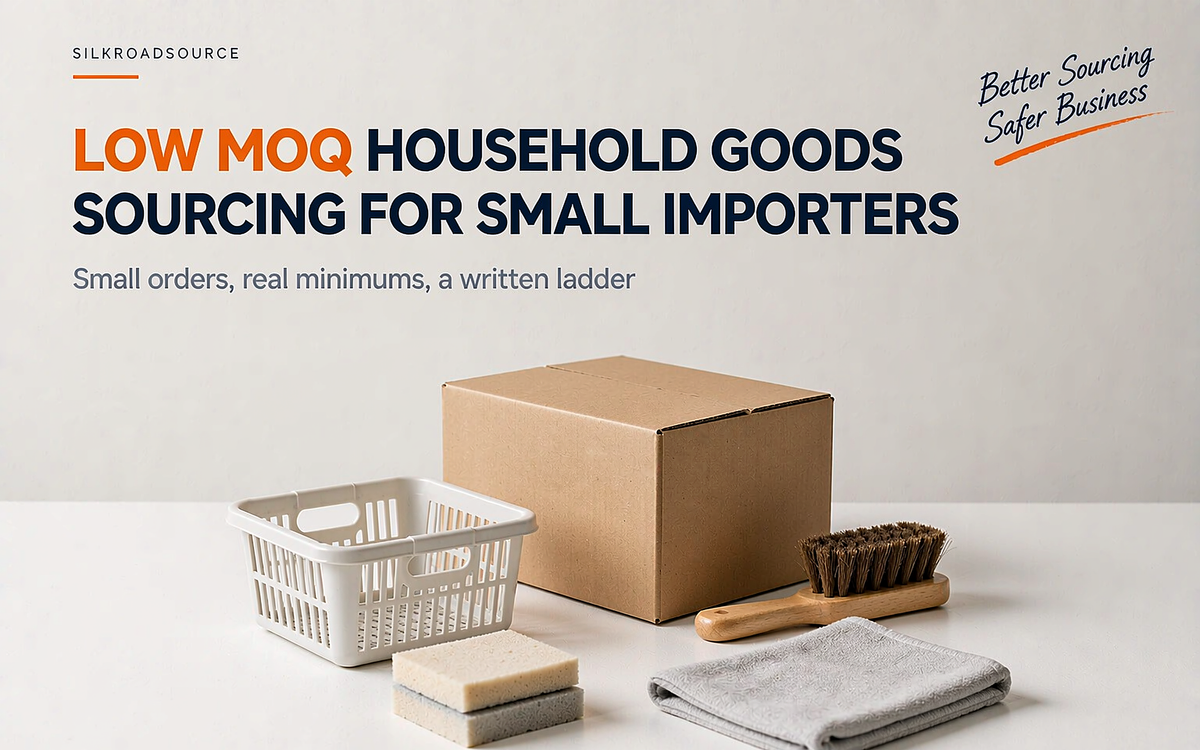 A bright flat-lay of small-quantity household goods in a compact carton on a white surface