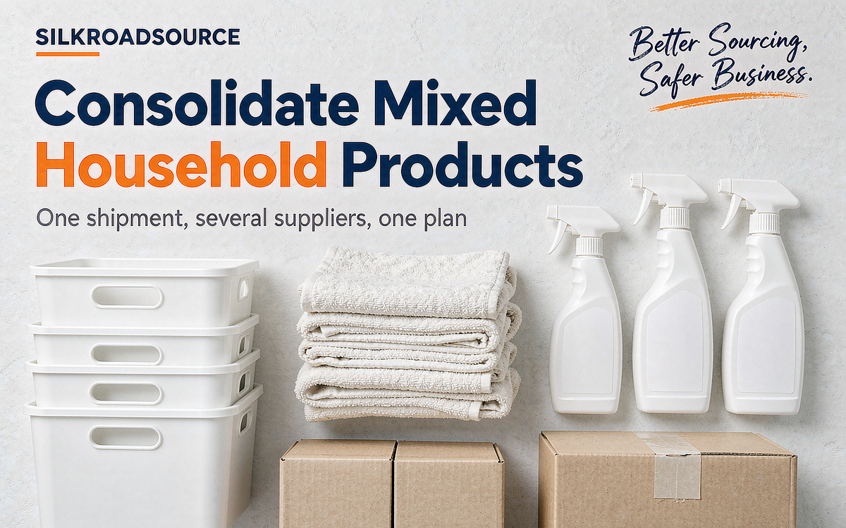 A bright flat-lay of mixed household goods grouped for one consolidated shipment on a white surface