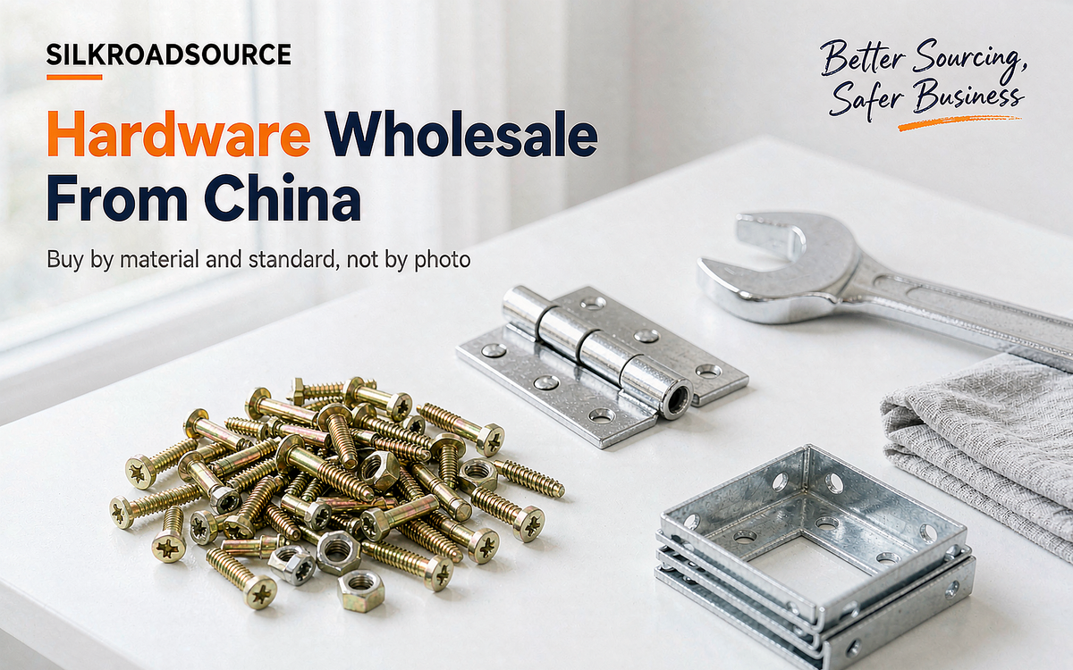 A bright flat-lay of hardware items including fasteners, hinges and hand tools on a white surface