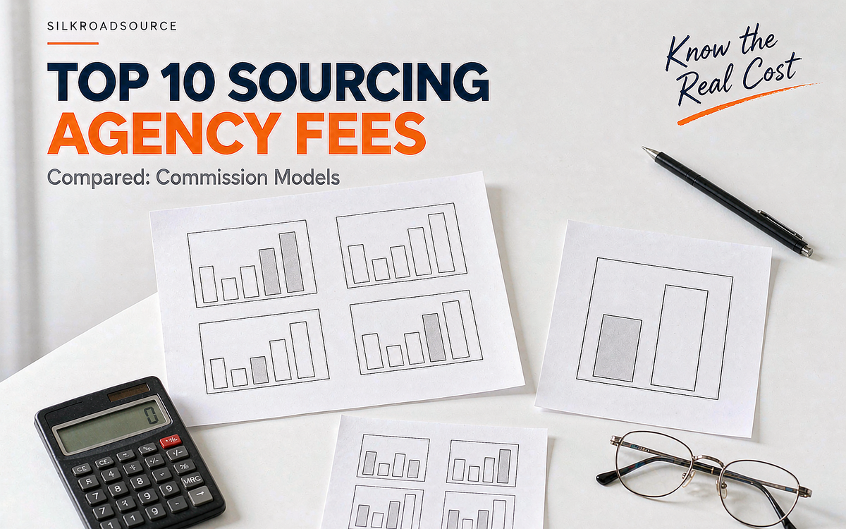 Procurement desk comparing three sourcing fee structures side by side