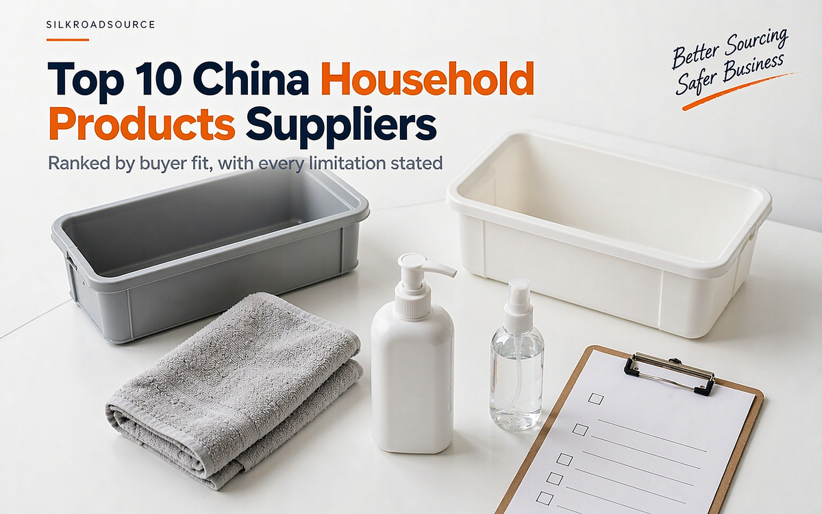 Flat-lay of unbranded household goods: storage boxes, a mop head, folded textiles and a soap dispenser with a checklist