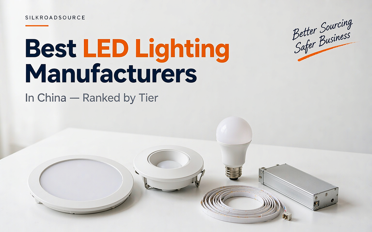 Flat-lay of unbranded LED lighting products: a panel light, a downlight, a bulb, an LED strip and a driver module beside a checklist