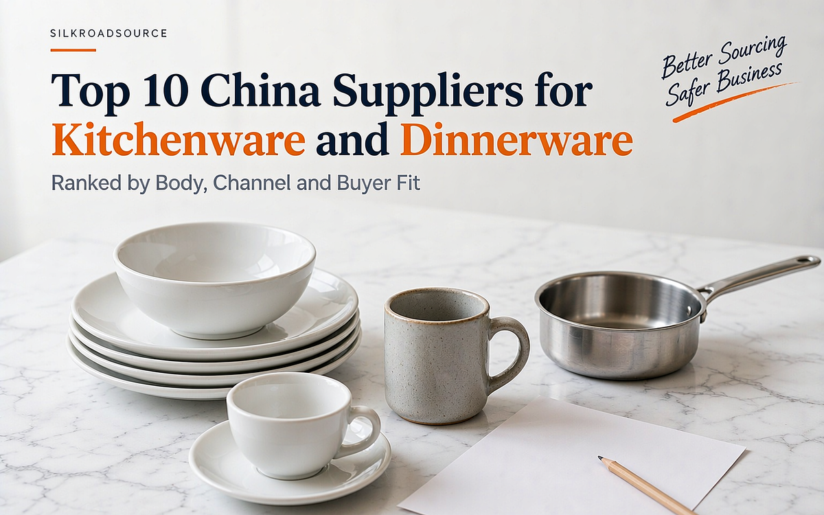 Flat-lay of unbranded ceramic dinnerware: a dinner plate, a bowl, a cup and saucer, a stoneware mug and a stainless pan beside a specification sheet