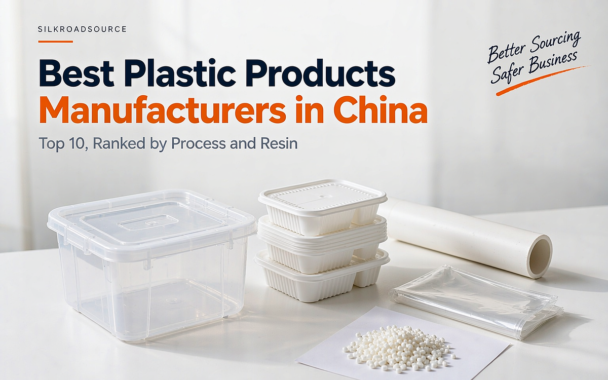 Flat-lay of unbranded plastic products: a storage box, a stack of containers, a food container with lid, a pipe section, a roll of film and resin pellets beside a specification sheet