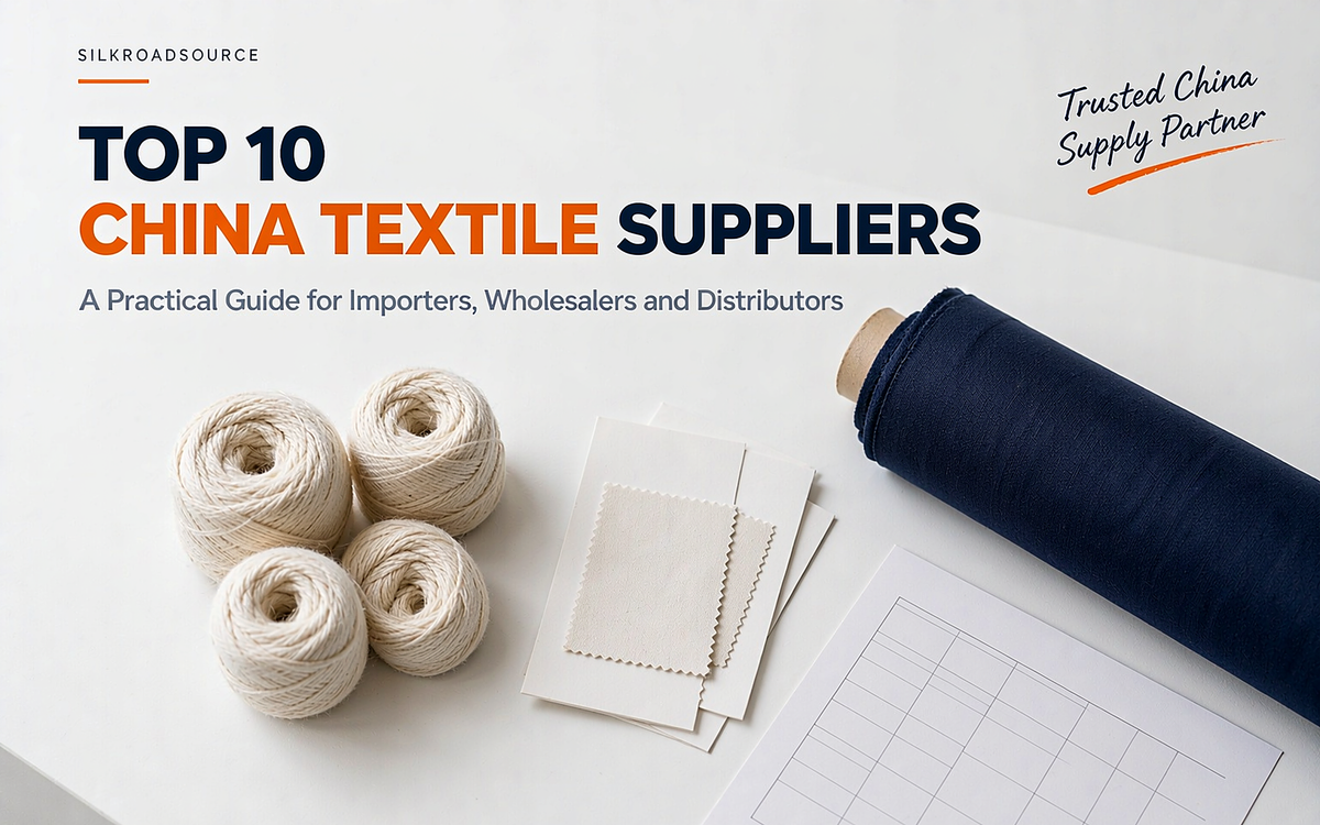 Flat-lay of textile sourcing: yarn cones, a rolled fabric bolt, a swatch card and a specification sheet