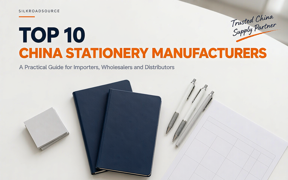 Flat-lay of unbranded stationery: notebooks, pens, a lever-arch file and a paint set beside a specification sheet