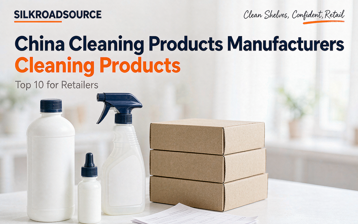Flat-lay of unbranded cleaning product bottles, spray triggers and stacked cartons beside a shipping box, no brand marks