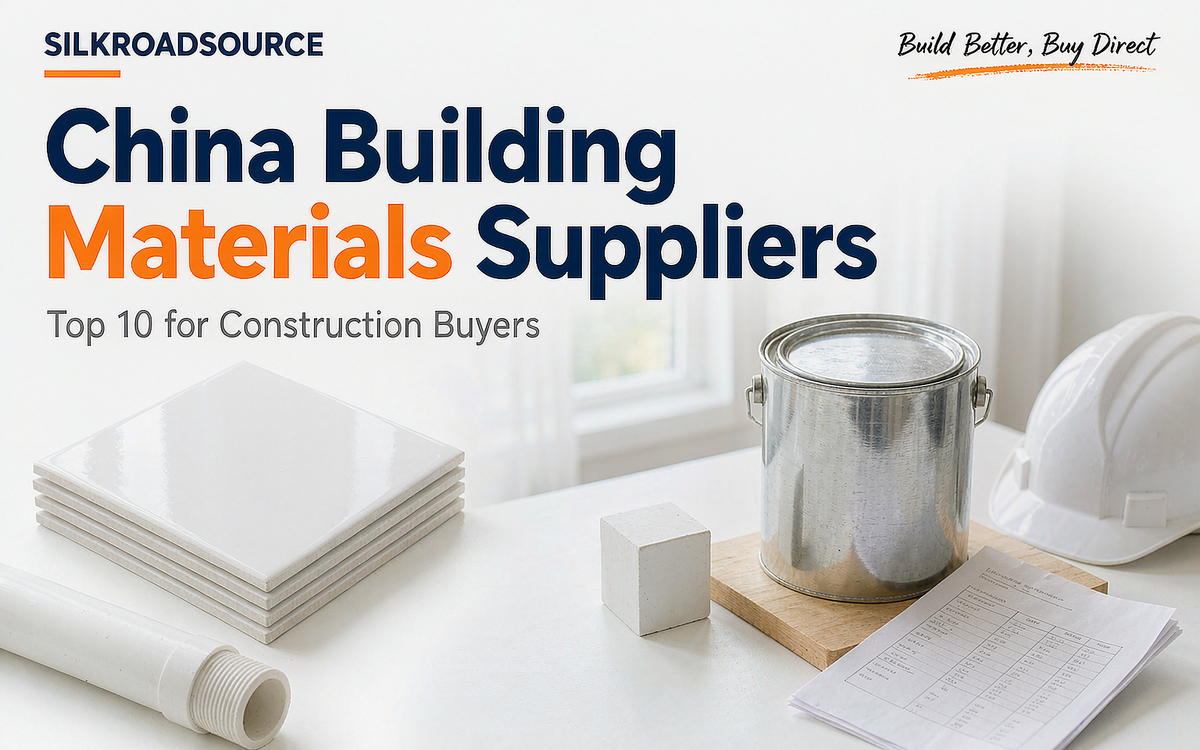Flat-lay of unbranded ceramic tiles, a pipe section, a paint bucket and building boards beside a hard hat and cartons, no brand marks