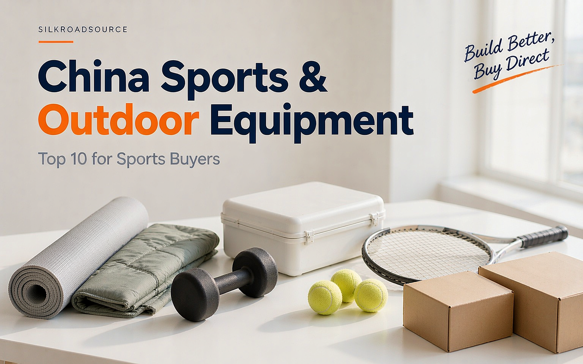 Flat-lay of unbranded sports gear: a dumbbell, a folded camping mat, a tennis racket and a ball beside a hard case and cartons, no brand marks