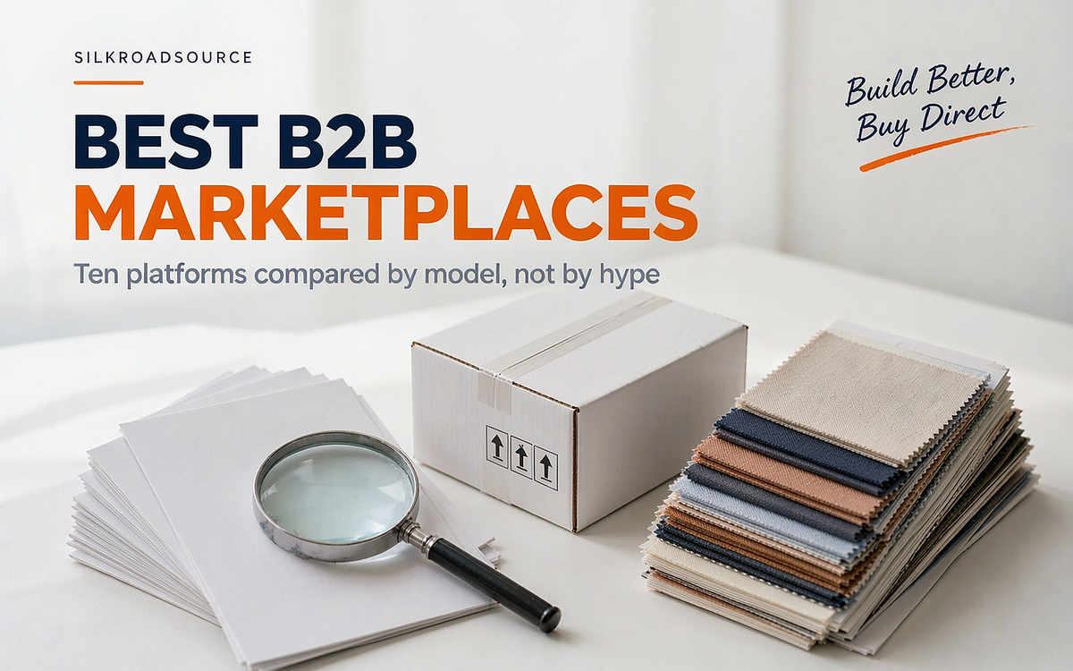 Flat-lay of a sourcing comparison desk: printed marketplace cards fanned out, a magnifier over one card, a plain shipping carton and a small stack of fabric swatches, no brand marks