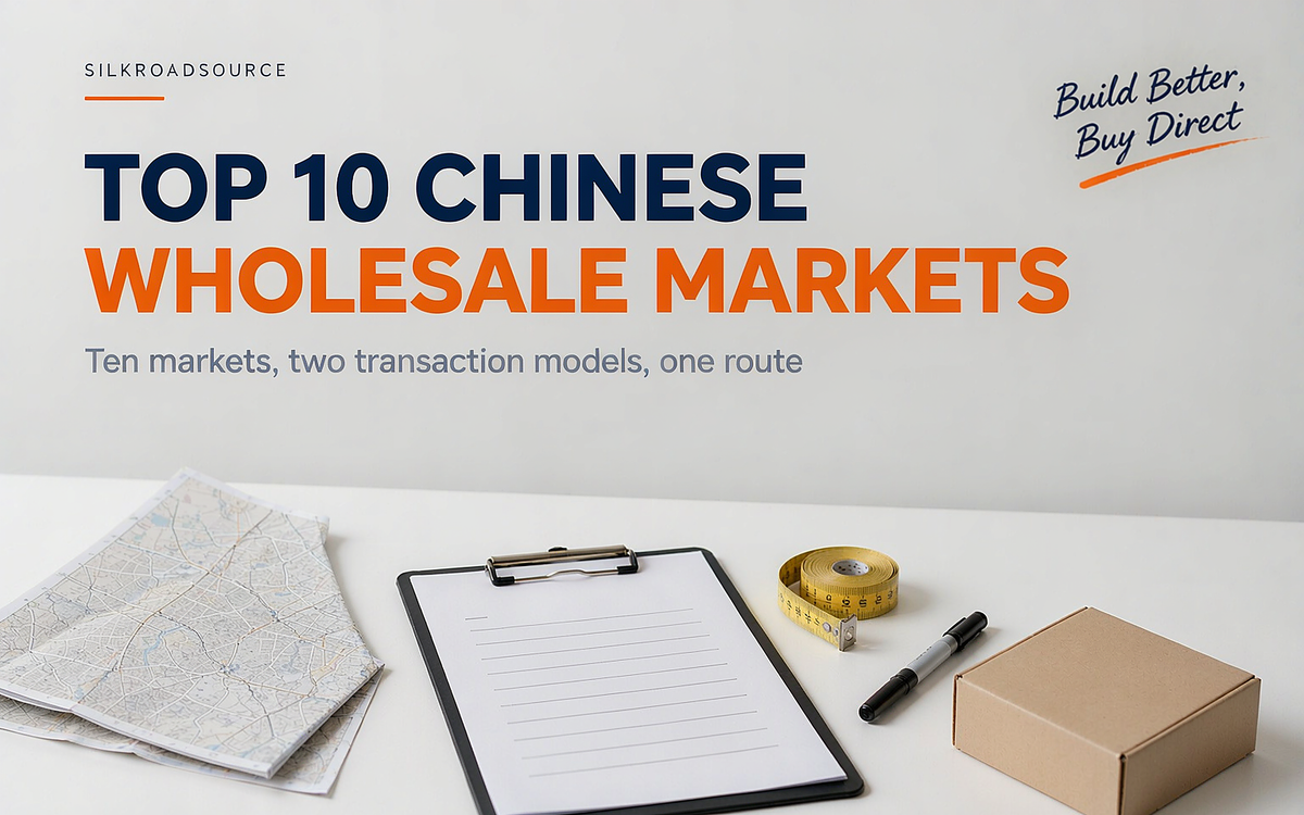Flat-lay of a wholesale market visit kit: a folded city map, a clipboard with a blank list, a tape measure, a marker pen and a small carton, no brand marks