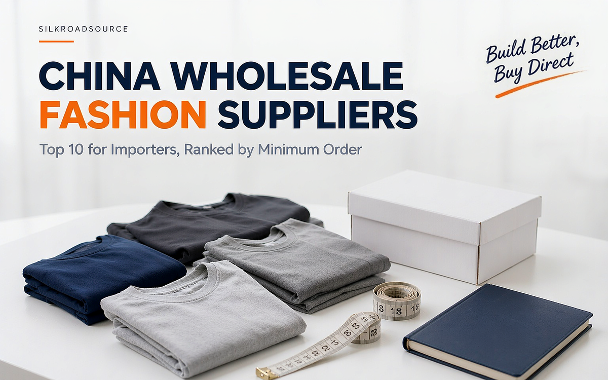 Flat-lay of a fashion buying desk with folded garment samples, a measuring tape and a plain carton, no brand marks