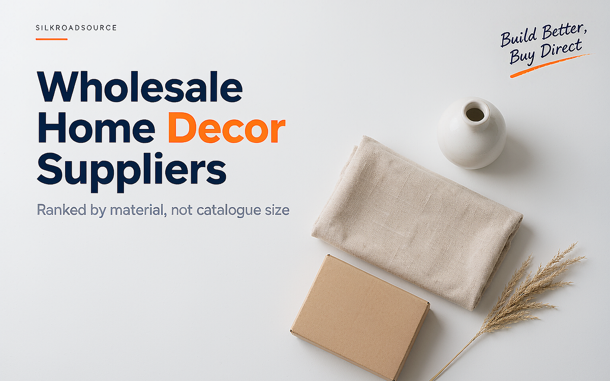 Flat-lay of a home decor buying desk with a small vase, a folded cushion cover and a plain carton, no brand marks