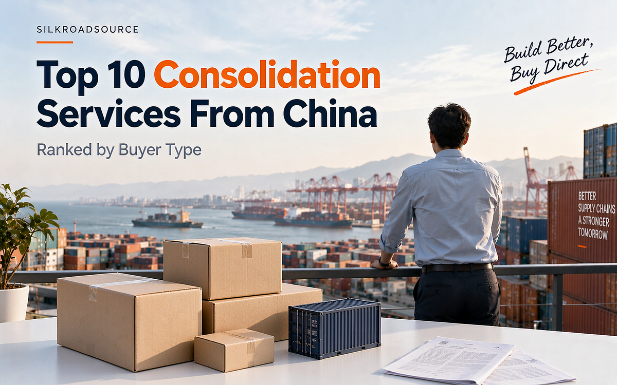 Flat illustration of multi-supplier consolidation service in China merging cartons from several factories into one container