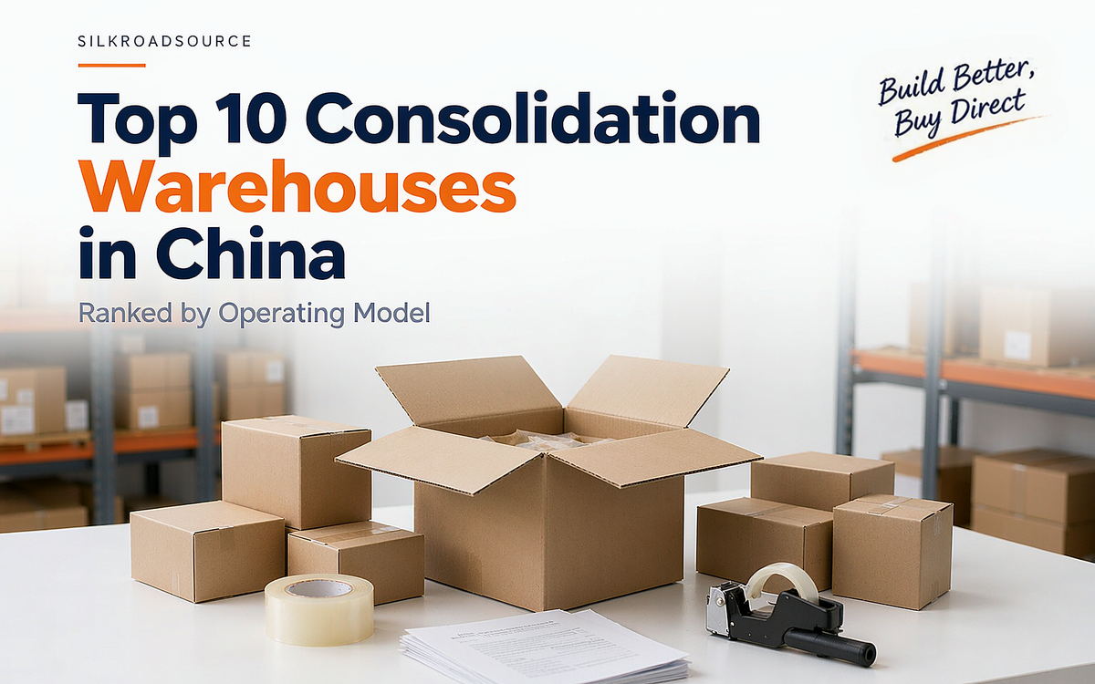 Flat illustration of a China consolidation warehouse receiving cartons from several suppliers and staging one export container