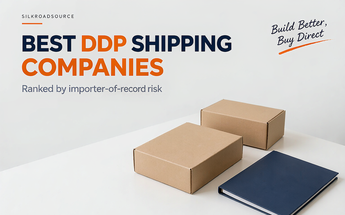Flat illustration of a container leaving a Chinese warehouse with a duty-paid delivery document beside it