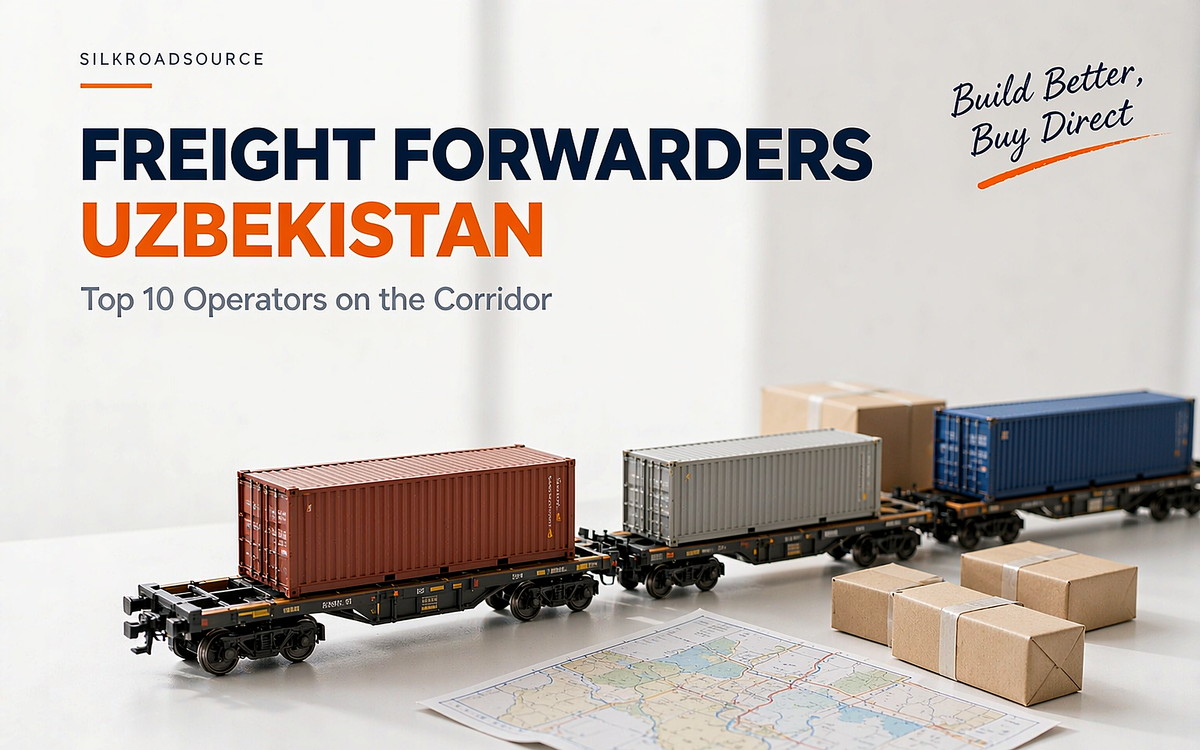 Freight forwarder china to uzbekistan corridor illustration with containers, rail and customs checkpoint