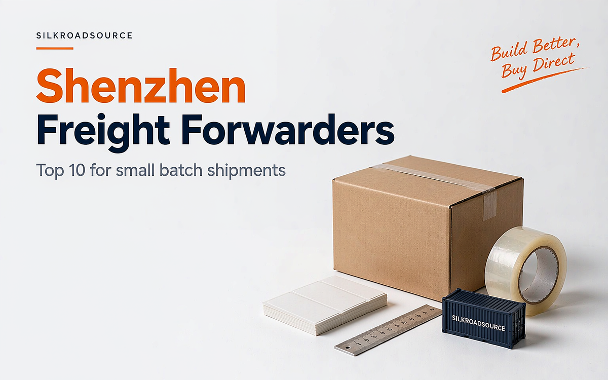 Shenzhen freight forwarder cover with a carton, a tape roll and a container slot on a white desk