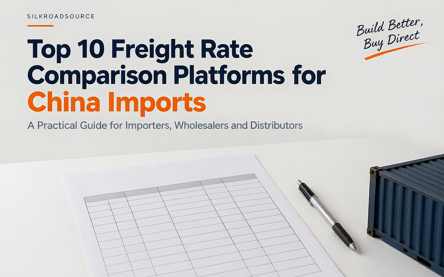 Freight rate platform cover with a quote sheet, a shipping container edge and a calculator on a white desk