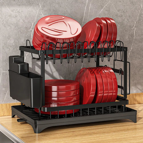 2-Tier Carbon Steel Dish Drying Rack with Drainboard Wholesale