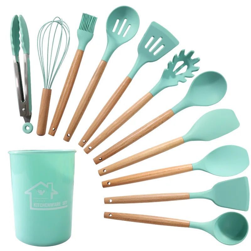 12-Piece Silicone Kitchen Utensil Set with Wooden Handles Wholesale