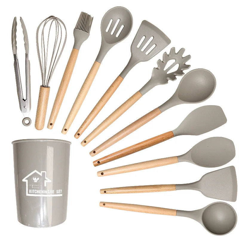 12-Piece Silicone Kitchen Utensil Set with Wooden Handles Wholesale