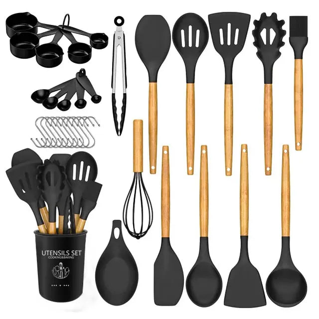24-Piece Silicone Kitchen Utensil Set with Wooden Handles Wholesale