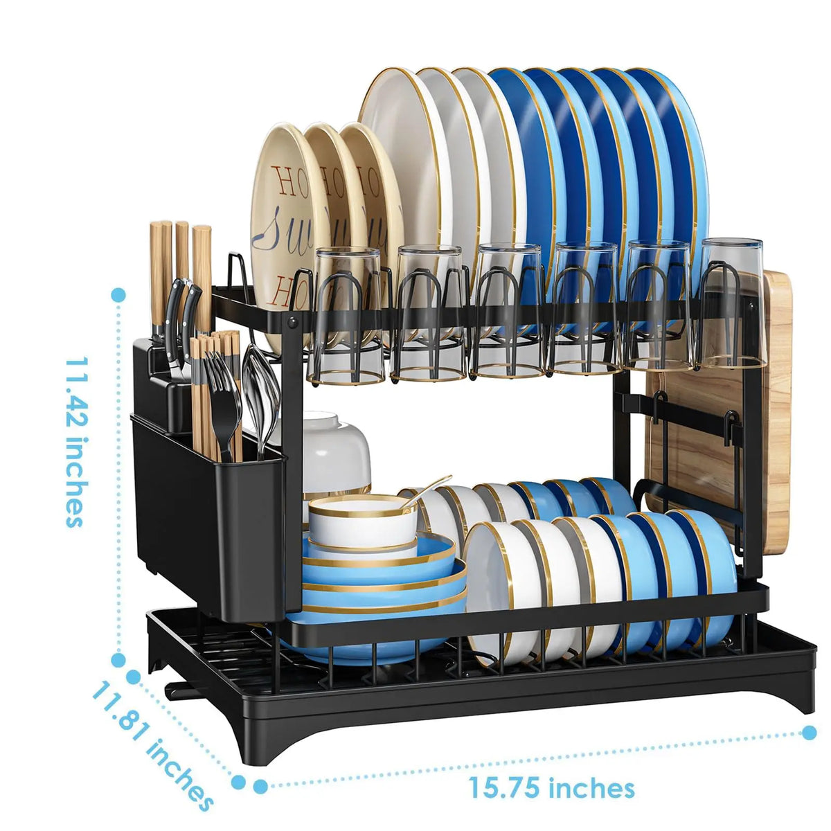 2-Tier Carbon Steel Dish Drying Rack with Drainboard Wholesale