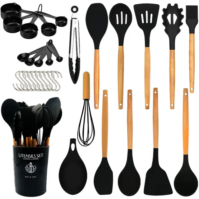 24-Piece Silicone Kitchen Utensil Set with Wooden Handles Wholesale