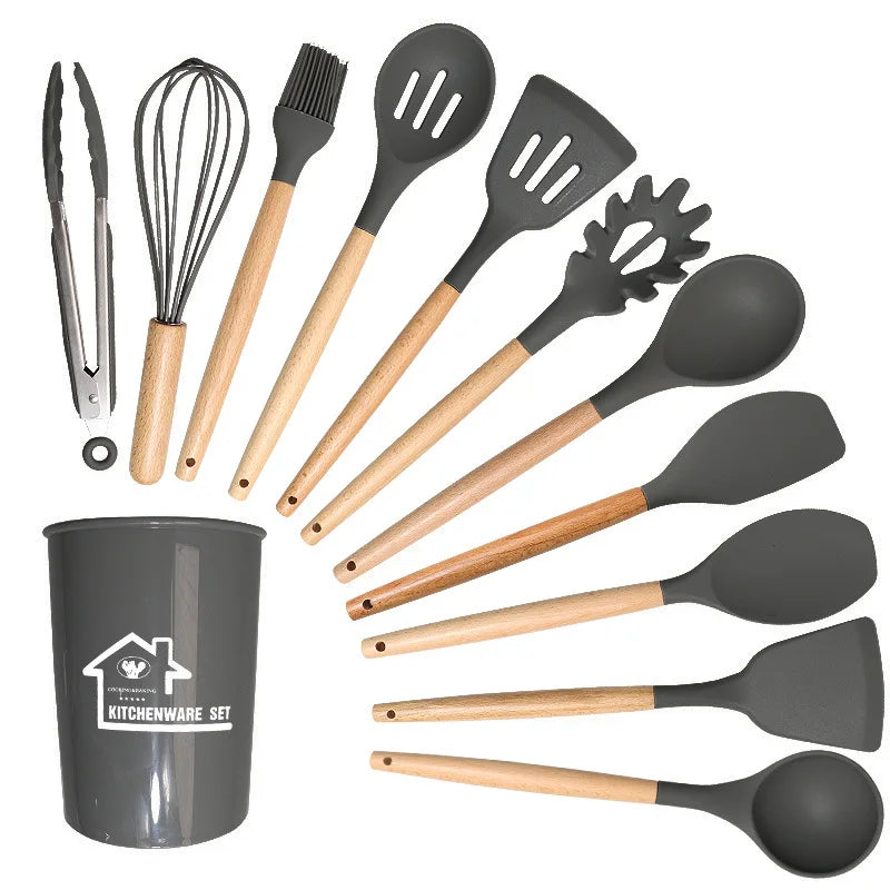 12-Piece Silicone Kitchen Utensil Set with Wooden Handles Wholesale