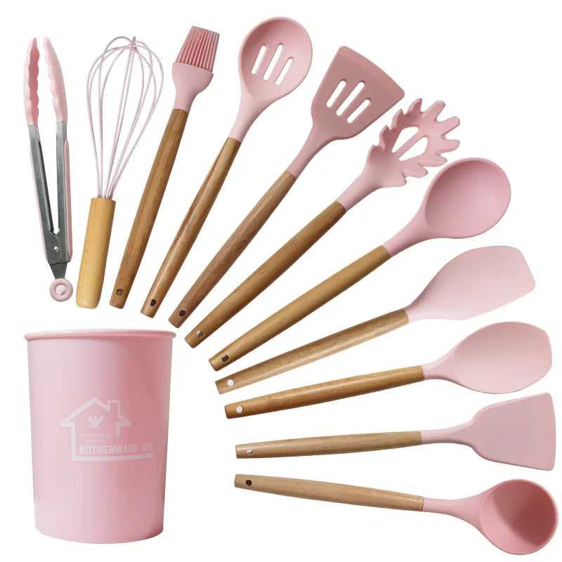12-Piece Silicone Kitchen Utensil Set with Wooden Handles Wholesale