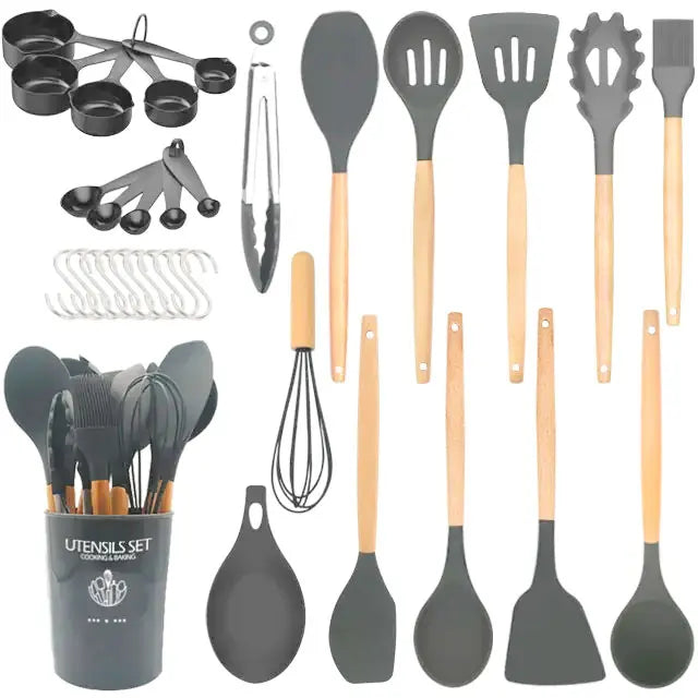 24-Piece Silicone Kitchen Utensil Set with Wooden Handles Wholesale