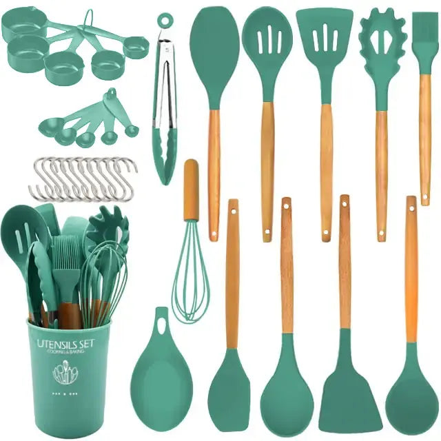 24-Piece Silicone Kitchen Utensil Set with Wooden Handles Wholesale