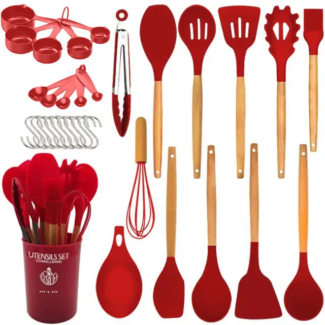 24-Piece Silicone Kitchen Utensil Set with Wooden Handles Wholesale