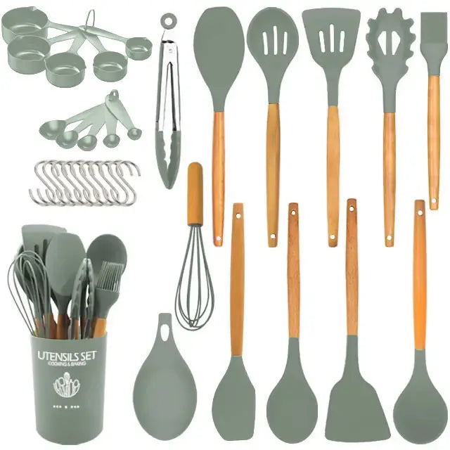 24-Piece Silicone Kitchen Utensil Set with Wooden Handles Wholesale