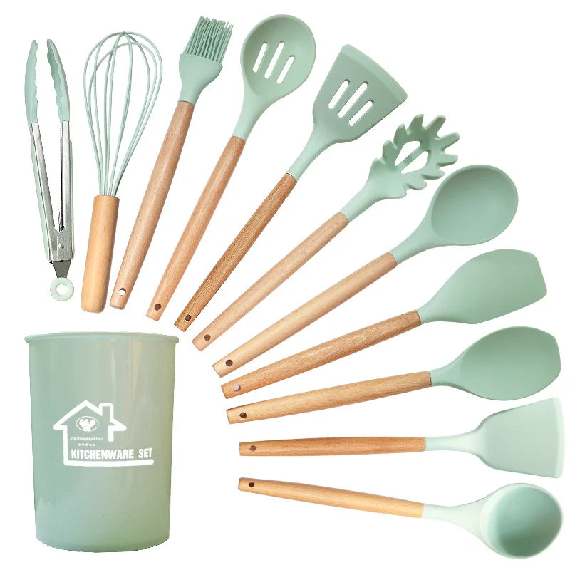 12-Piece Silicone Kitchen Utensil Set with Wooden Handles Wholesale