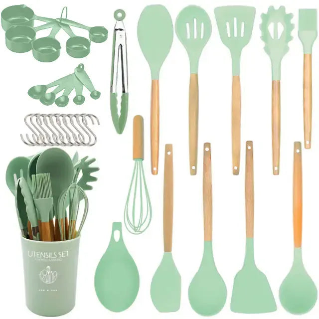 24-Piece Silicone Kitchen Utensil Set with Wooden Handles Wholesale