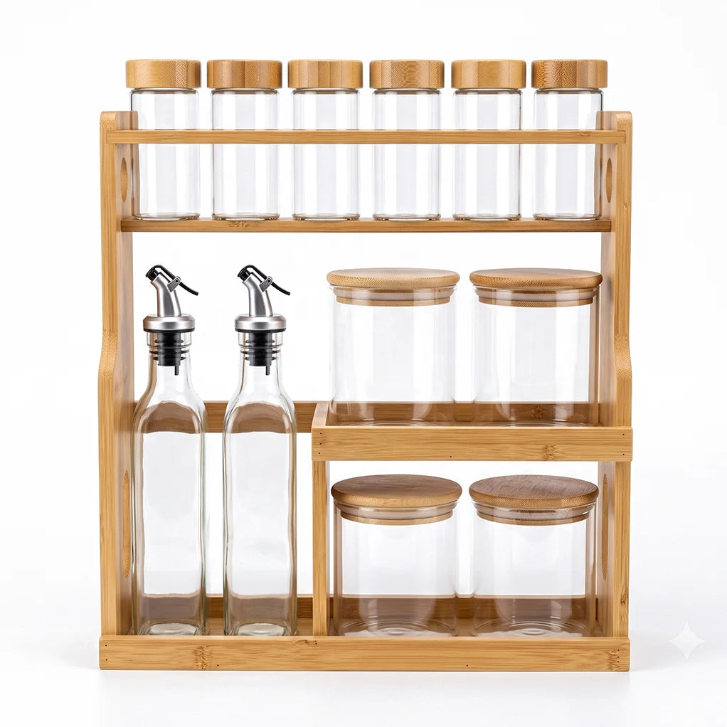 3-Tier Bamboo Spice Rack with 12 Glass Jars Wholesale