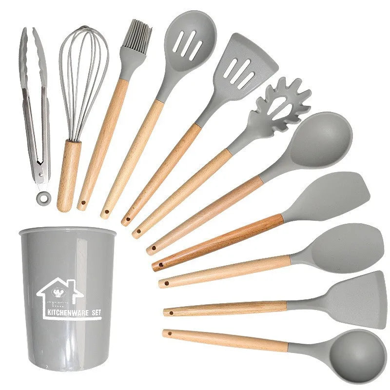 12-Piece Silicone Kitchen Utensil Set with Wooden Handles Wholesale