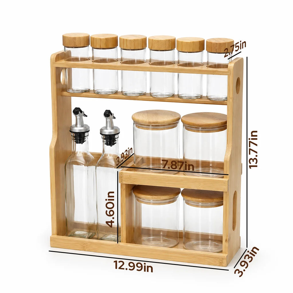 3-Tier Bamboo Spice Rack with 12 Glass Jars Wholesale